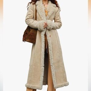 Suede Sherpa Lined Faux Fur Trench Long Coat Tan